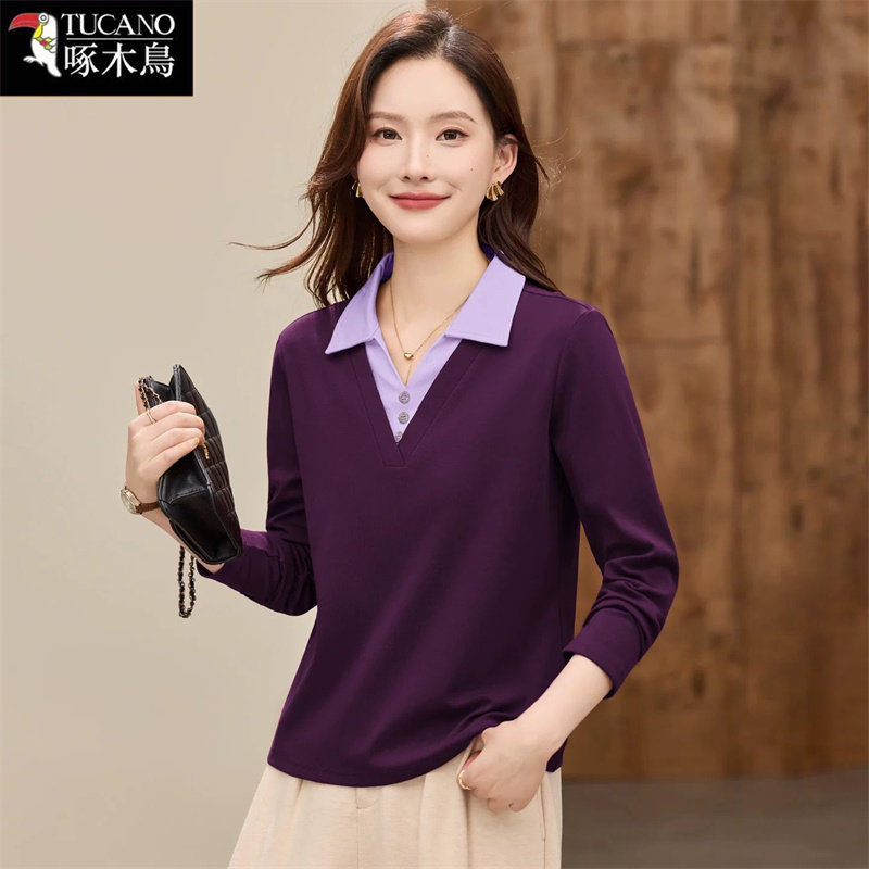 啄木鸟假两件POLO领长袖T恤女2026年春季大码显瘦洋气打底衫上衣