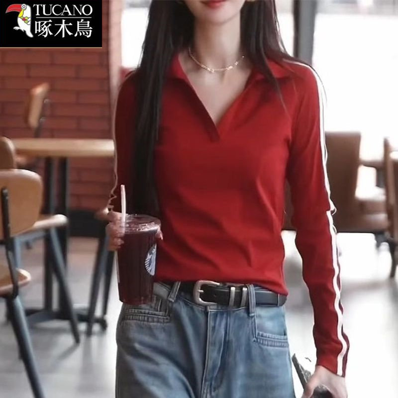 啄木鸟2025年新款时尚女装POLO衫T恤高级感别致减龄长袖翻领上衣
