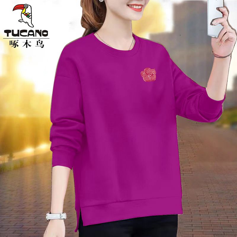 啄木鸟正品春秋新款洋气圆领上衣休闲百搭开叉薄款卫衣女2024年