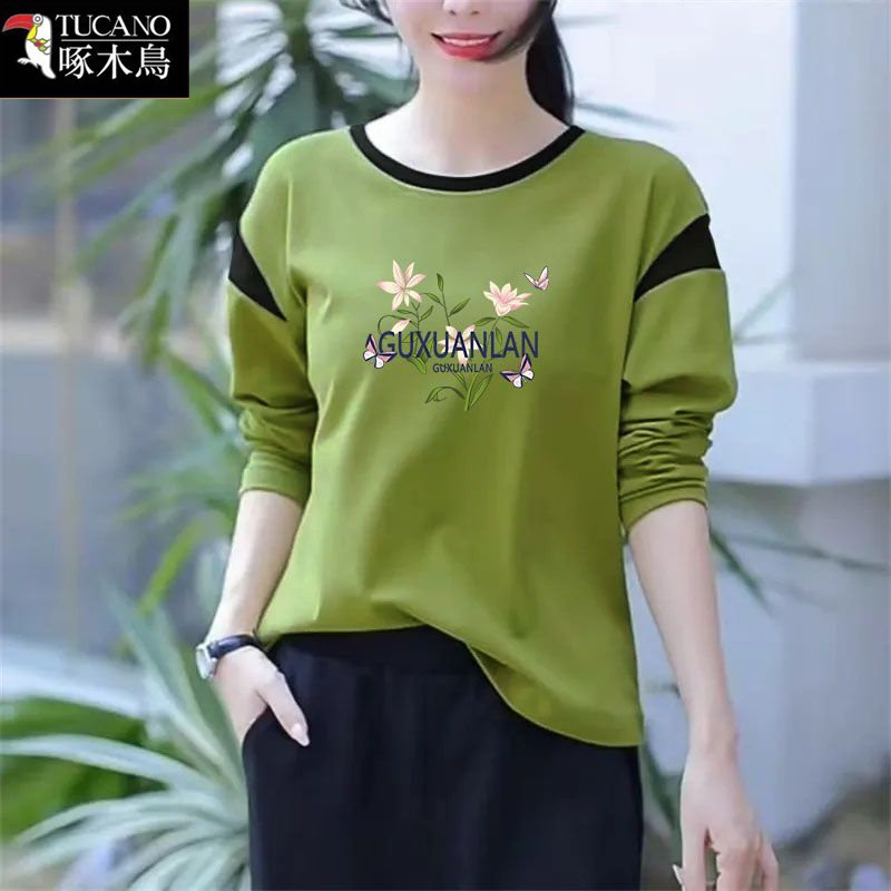 啄木鸟2026年春秋长袖拼接撞色打底衫新款纯棉圆领套头印花T恤女