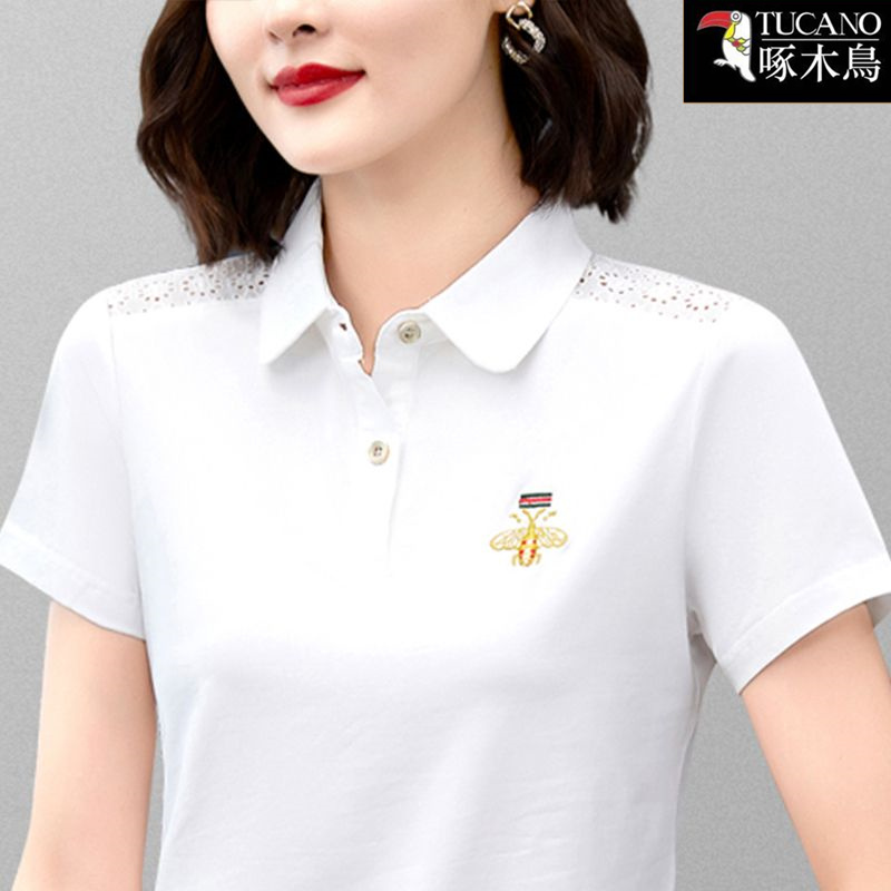 啄木鸟夏季短袖高级感t恤女2025年新款纽扣翻领刺绣大码显瘦上衣