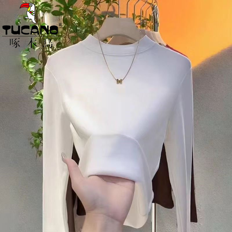 啄木鸟秋冬款半高领内搭打底衫女2024新款爆款加绒加厚保暖上衣潮