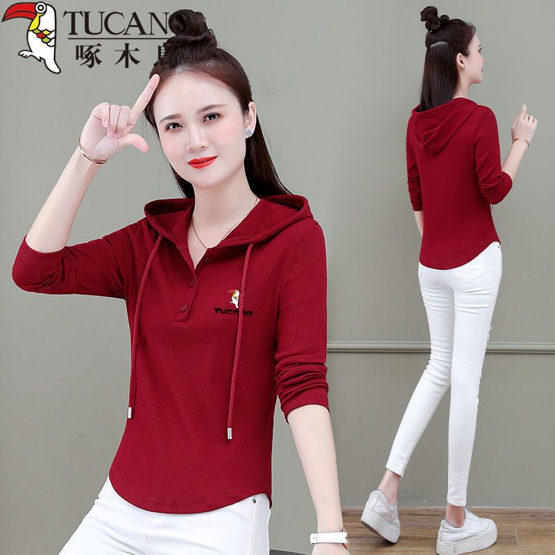 啄木鸟连帽卫衣长袖T恤女2024春秋新款休闲纯棉上衣修身洋气上衣