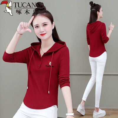 啄木鸟连帽卫衣长袖T恤女2024春秋新款休闲纯棉上衣修身洋气上衣