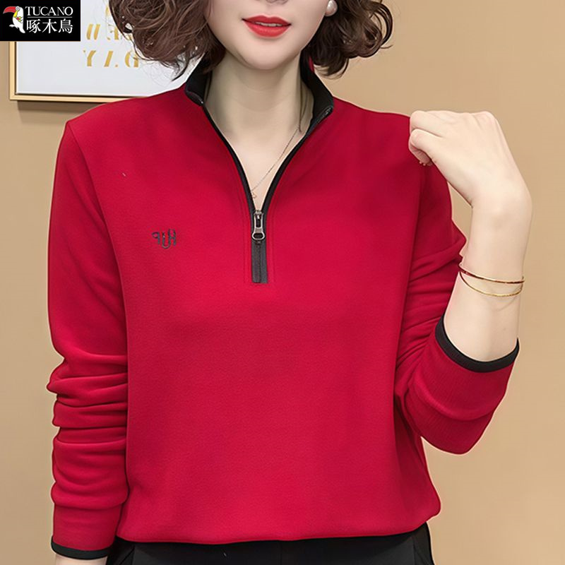 啄木鸟立领半拉链长袖刺绣上衣女