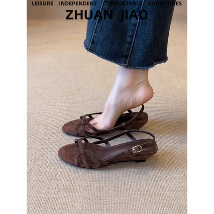 羊皮版~复古圆头镂空小众设计感露趾凉鞋女软底通勤坡跟罗马凉鞋