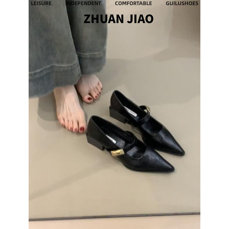 法式黑色尖头粗跟玛丽珍鞋女2025新款一字带通勤百搭浅口气质单鞋
