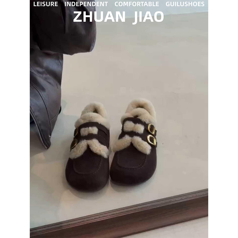 羊皮版~美拉德复古绒面内增高毛毛鞋女圆头双扣带保暖加绒棉鞋子