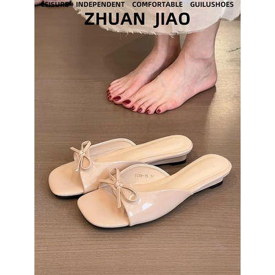羊皮版！法式蝴蝶结坡跟一字拖女夏外穿方头露趾凉拖鞋配裙子凉鞋