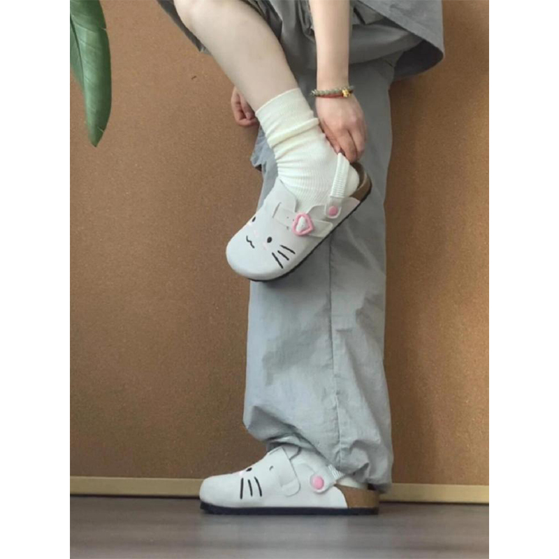 厚底两穿勃肯鞋女夏季外穿一脚蹬包头半拖鞋可爱粉Kitty软木拖鞋
