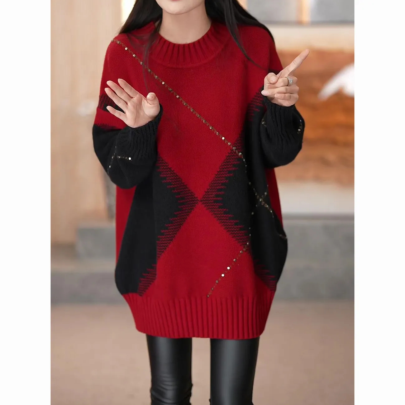 欧货撞色拼接长袖过年红色毛衣女秋冬宽松中长款显瘦打底针织衫潮