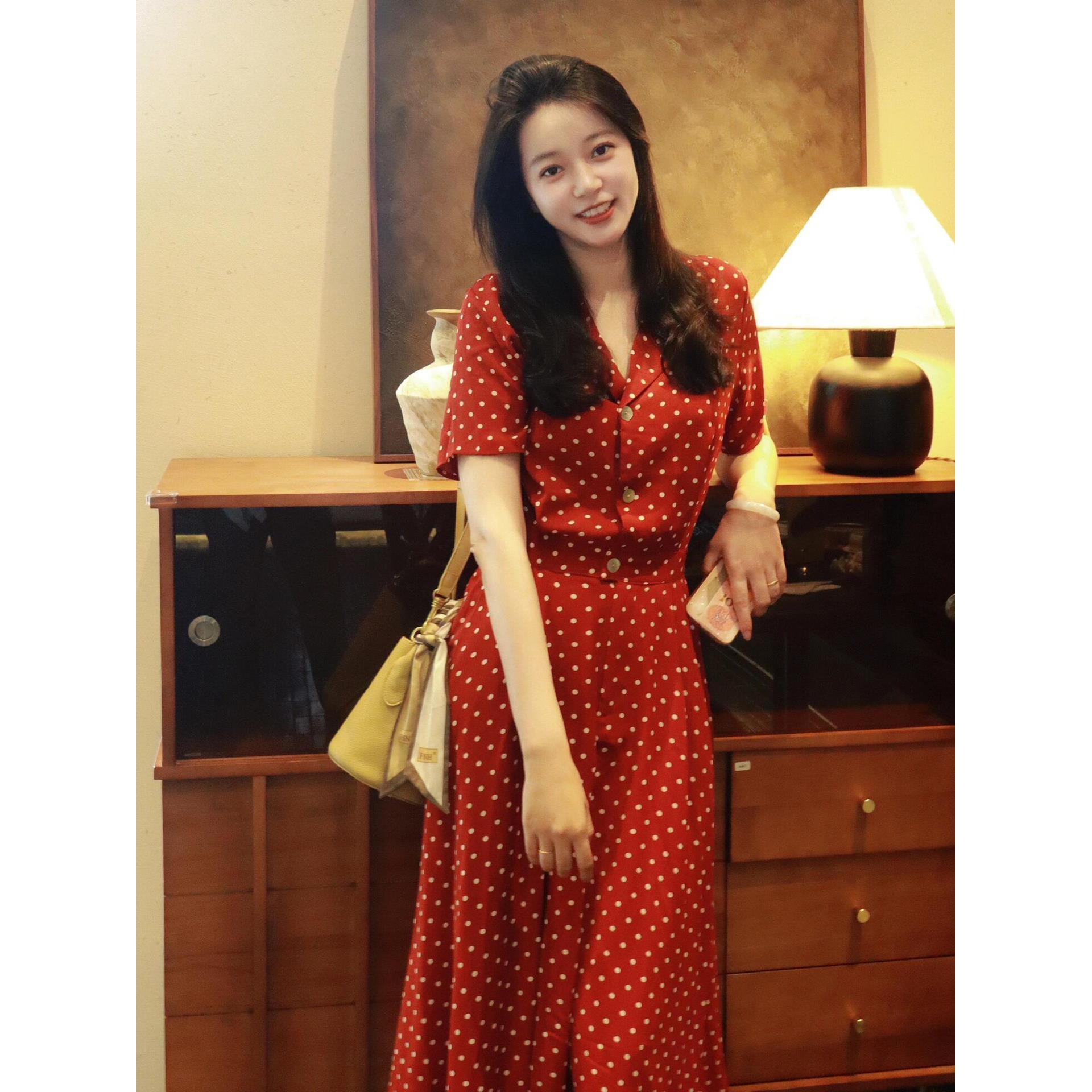 法式精致感复古时尚气质减龄波点长裙夏季新款收腰显瘦红色连衣裙