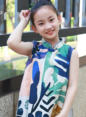知了童装 女童夏季无袖连衣裙全棉改良日常印花背心旗袍儿童55362