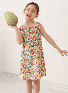知了童装 夏季女童短袖连衣裙宽松休闲儿童花裙子中大童53236
