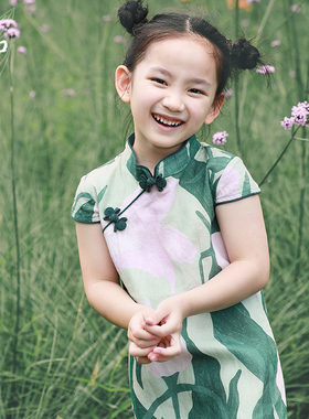 知了童装 亚麻薄款文艺儿童旗袍女童改良中式短袖连衣袖夏季52350