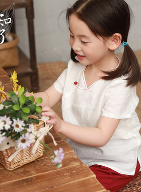 知了童装 文艺女童纯苎麻衬衣儿童夏装中式短袖衬衫 K3142