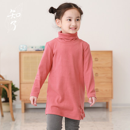 知了童装 女童磨毛高领打底衫秋冬加厚中长款磨绒T恤儿童K5360