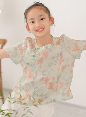 知了童装 夏季女童新中式衬衫短袖纯苎麻印花圆领上衣儿童55187