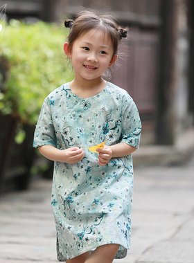 知了童装 中国风印花短袖连衣裙儿童改良日常旗袍女童夏装51510