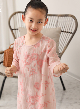 知了童装 秋装新款中式刺绣连衣裙七分袖改良旗袍裙女童53232