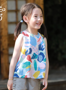 知了童装 无袖儿童上衣印花双层背心女孩夏装宽松娃娃衫  K4915