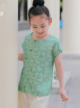 知了童装 夏装新中式女童双色提花短袖衬衫改良宽松唐装上衣55167