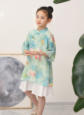 知了童装 女童春夏中国风印花连衣裙改良新中式宽松旗袍儿童55129