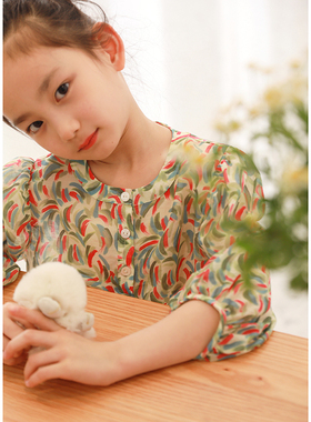 知了童装 夏季新品女童薄款宽松印花上衣套头圆领七分袖衬衫53158