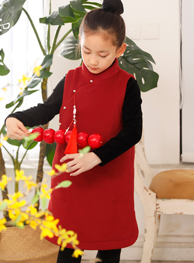 知了童装 新中式国风马甲夹棉呢子外套中长款冬款背心裙大童53322