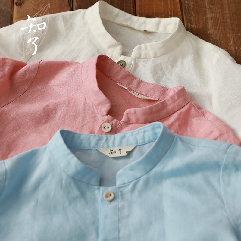 知了童装 夏装新款中大男童上衣男孩棉麻短袖衬衫衬衣 K3213