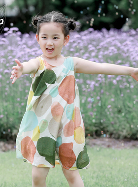 知了童装 女童连衣裙宽松印花A摆背心裙夏季儿童长裙子薄款52501