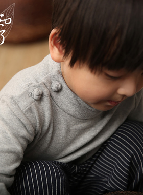 知了童装 秋冬中大童轻中式文艺男童磨毛长袖棉T恤 K5881