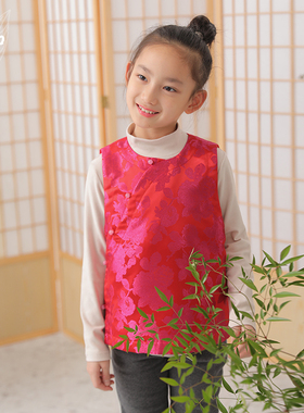 知了童装 秋冬女童中国风提花锦缎马甲新中式唐装背心加绒55136