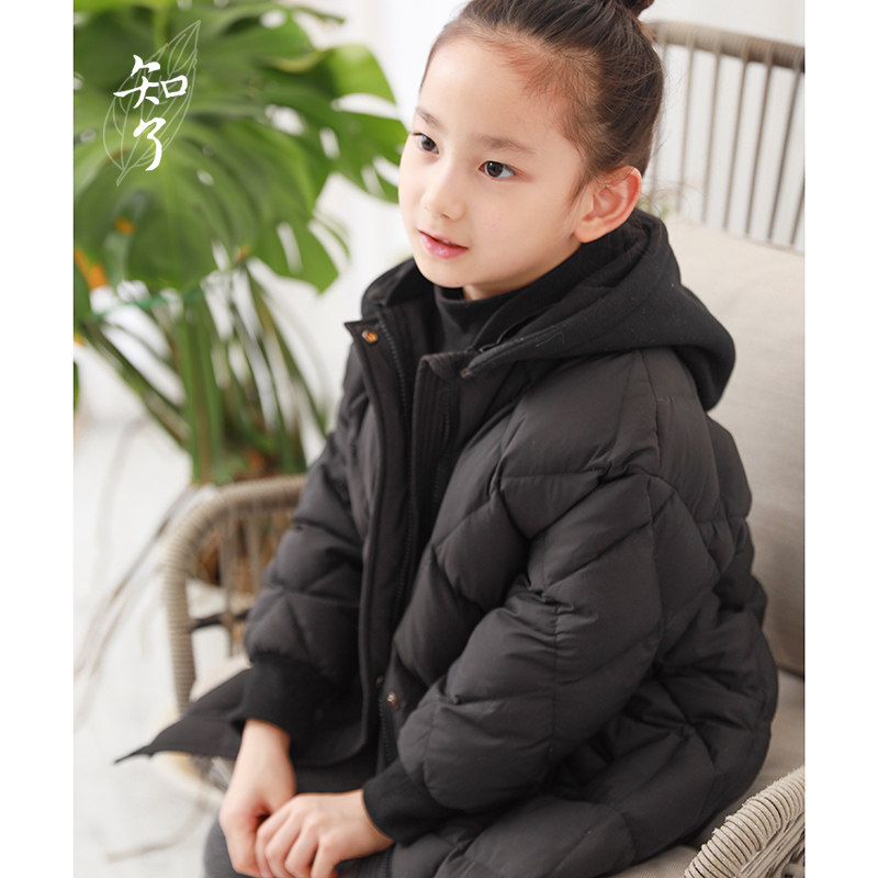 知了童装 女童冬款白鹅绒羽绒服连帽中长款羽绒外套儿童53113