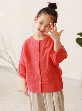 知了童装 早秋儿童苎麻开衫圆领七分袖衬衣宽松白衬衫女童53138