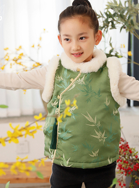 知了童装 新中式三五织锦棉马甲儿童国风唐装背心女童冬装53313