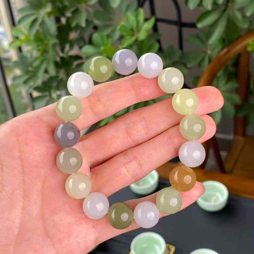 和田玉多彩圆珠手串情侣款