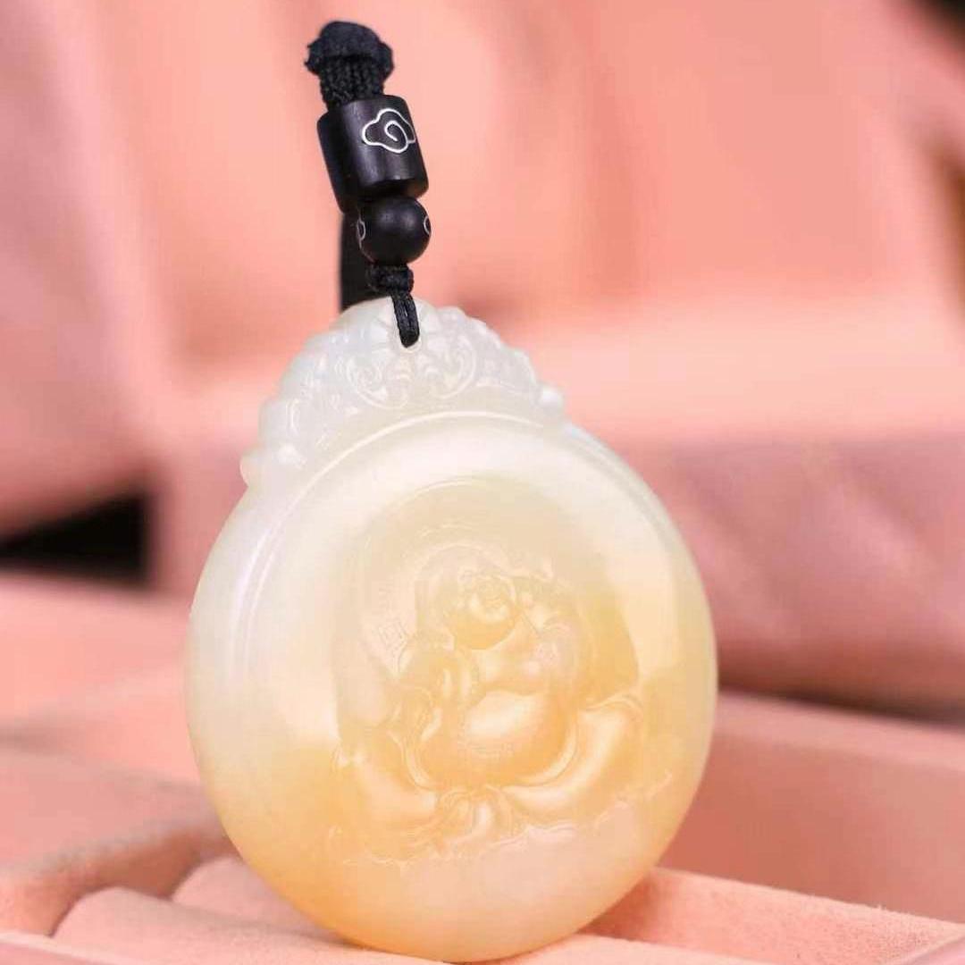 天然和田玉糖白玉弥勒佛吊坠