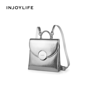 INJOYLIFE圆扣小双肩包2023新款 银色双肩包女设计感小众单肩包包