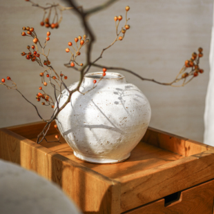 新中式素烧侘寂白陶瓷花瓶家居装饰摆件圆形简约风格插花器