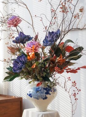 年宵花紫瑞油画莲套装天然花束彩色花陶瓷花瓶家居装饰摆件北欧风