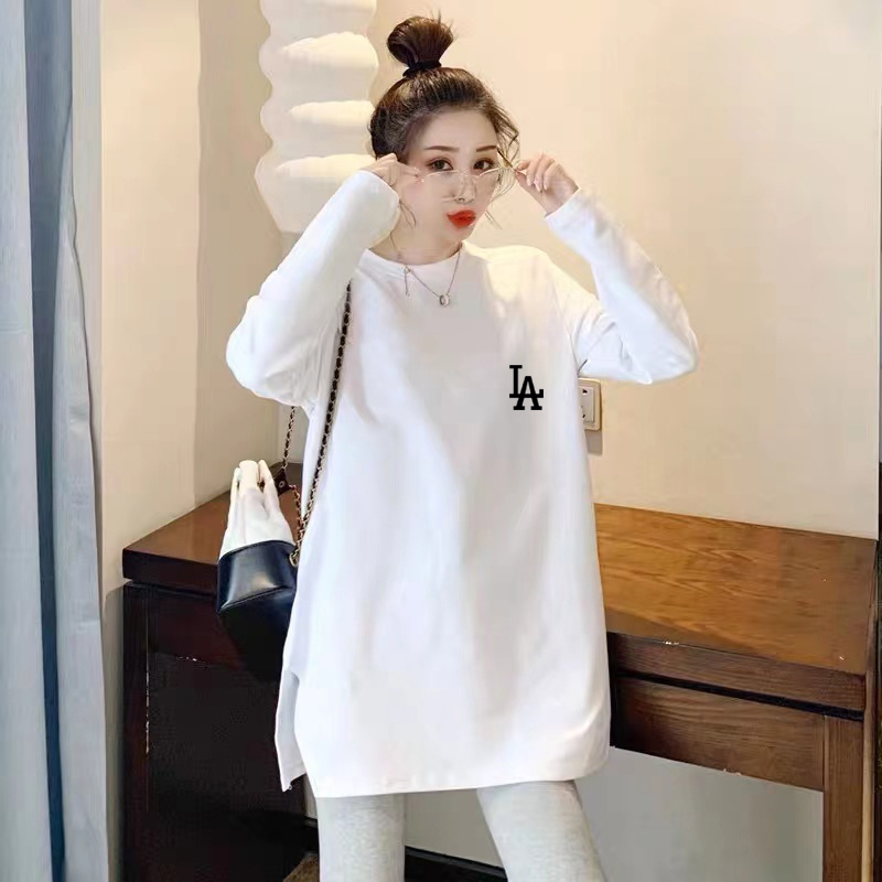 孕妇装秋装时尚宽松大码开叉长袖T恤上衣中长款遮屁股打底衫春秋