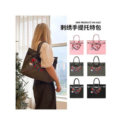 日本代购Lacousette刺绣哈喽KT百搭托特包女轻便手提单肩通勤包