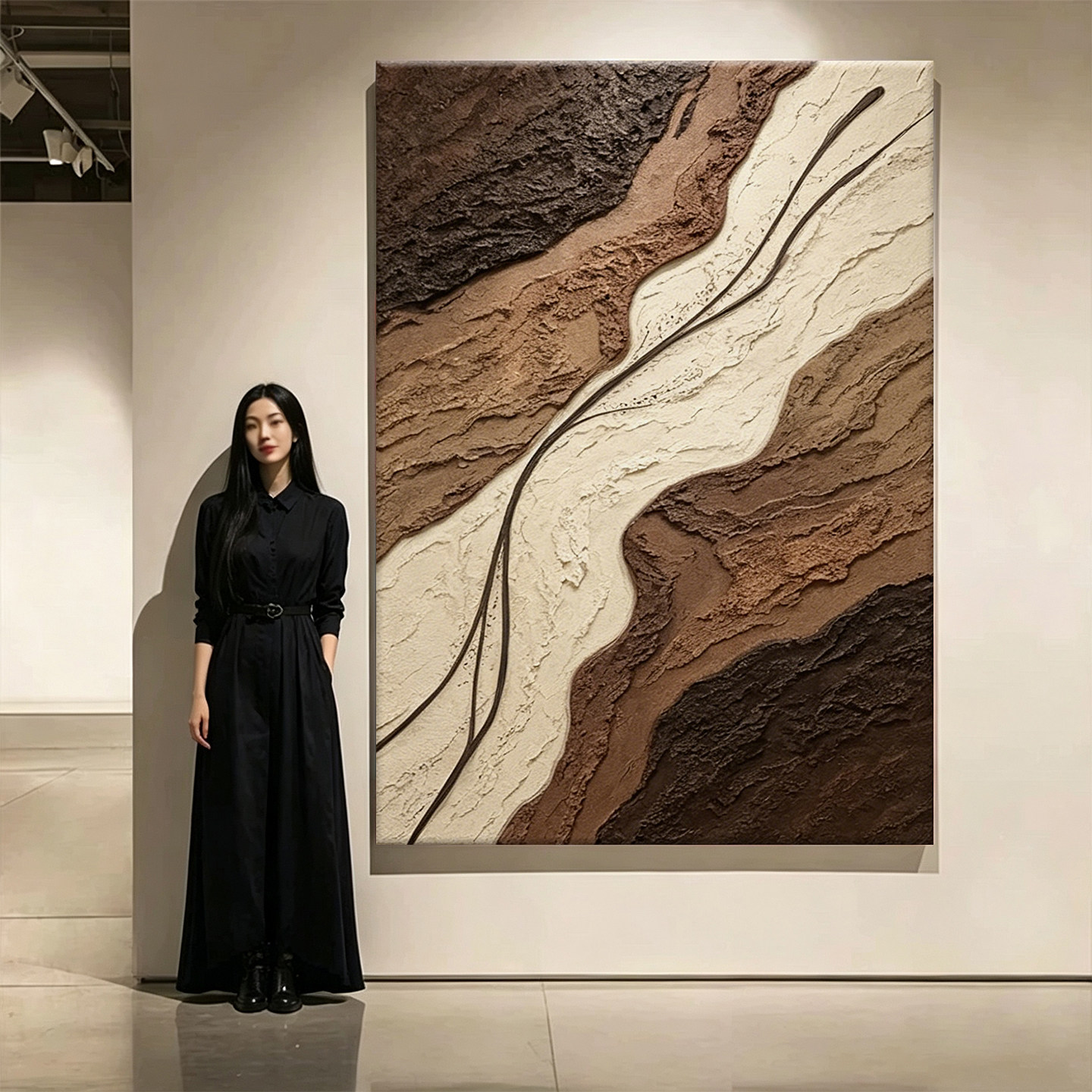 手绘油画侘寂风《川流》抽象入户油画