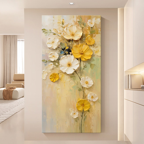 纯手绘油画抽象花卉肌理客厅装饰画奶油风橙黄色花朵入户玄关挂画