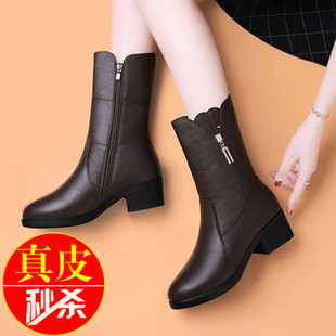 品牌鞋2025秋冬新款真皮不过膝中筒靴女士中跟百搭单靴加绒短靴子