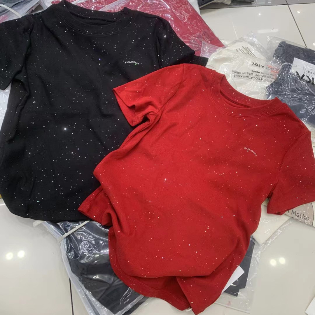 欧范儿2025冬季新款圆领字母亮晶晶时尚百搭短袖T恤衫半袖上衣