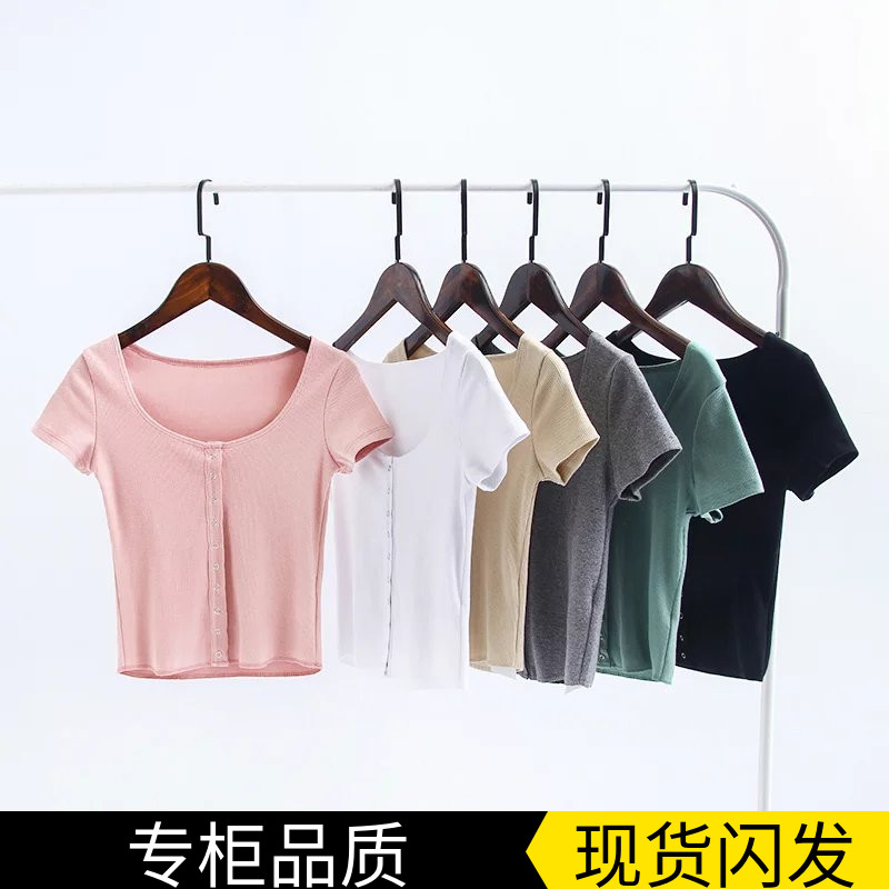 欧美风女修身弹力单排扣低圆领短款螺纹棉高腰露脐短袖T恤上衣