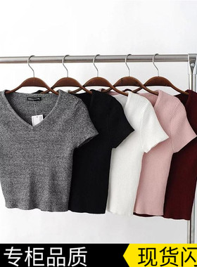 2025秋季新款时尚女装紧身大v领短袖中短款T恤修身显瘦打底针织衫