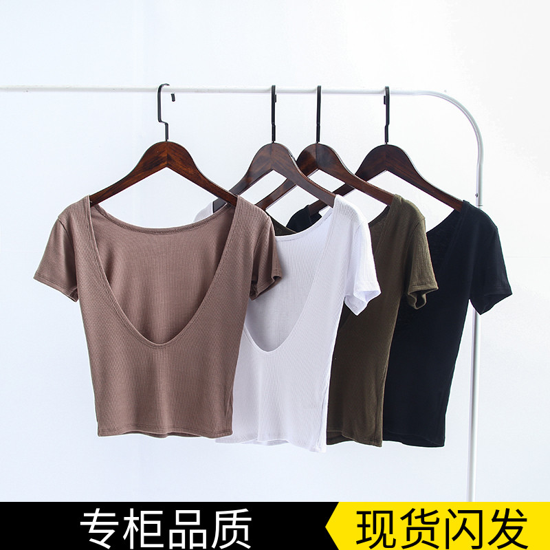 欧美风性感大露背潮女短袖T恤